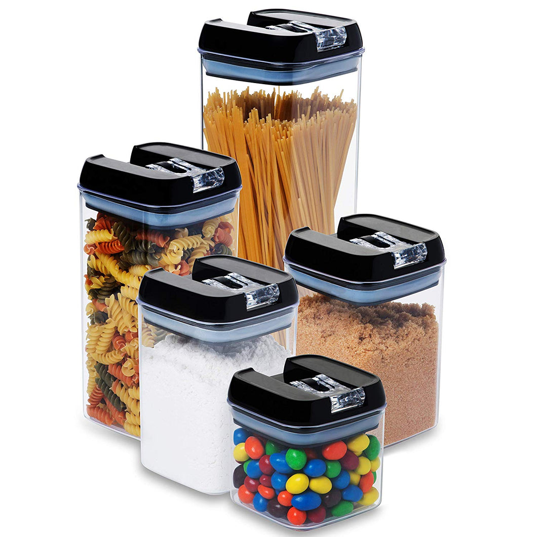 5 pc. Set Clear Food Containers w Airtight Lids Canisters for Kitchen & Pantry Storages - Storage for Cereal, Flour, Cooking - BPA-Free Plastic Black Lid by Guru Products