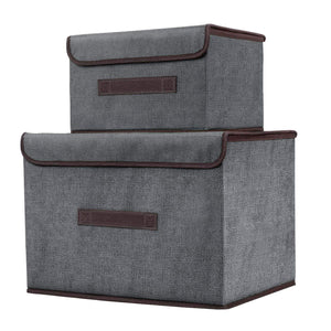 Foldable Storage Boxes With Lids-2 Set of Linen Fabric Cubes with Handles for Shelf Closet Book Kid Toy Nursery Organize (Grey)