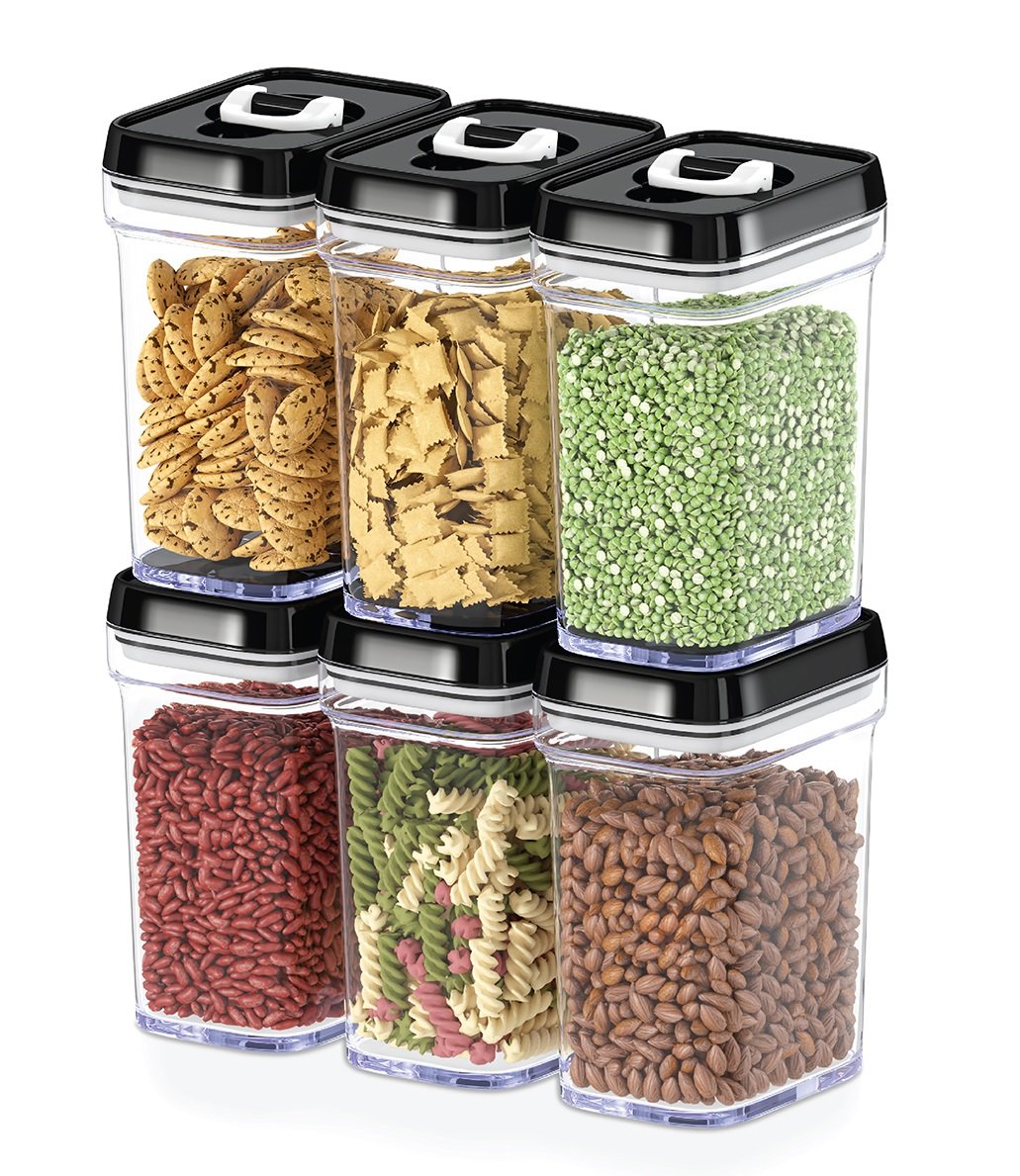 Dwellza Kitchen Airtight Food Storage Containers with Lids – 6 Piece Set/All Same Size - Air Tight Snacks Pantry & Kitchen Container - Clear Plastic BPA-Free - Keeps Food Fresh & Dry
