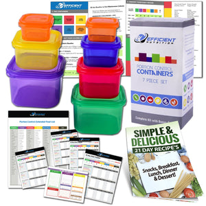 Efficient Nutrition Portion Control Containers Kit (7-Piece) + COMPLETE GUIDE + 21 DAY PLANNER + RECIPE eBOOK, BPA FREE Meal Prep System for Diet and Weight Loss, Similar to 21 Day Fix Containers