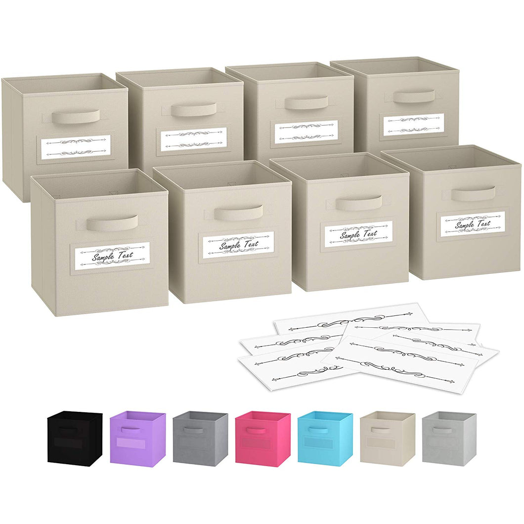 Royexe - Storage Cubes - (Set Of 8) Storage Baskets | Features Dual Handles & 10 Label Window Cards | Cube Storage Bins | Foldable Fabric Closet Shelf Organizer | Drawer Organizers And Storage (Beige)