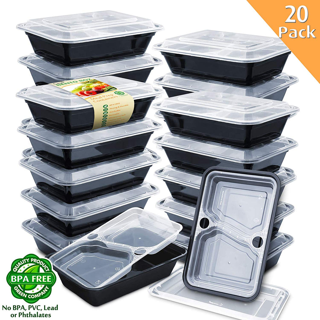 Enther 36oz Meal Prep Containers 20 Pack 3 Compartment with Removable Insert Tray 2-Tier Food Storage Bento Box with LidsBPA Free Reusable Lunch Box Stackable/Microwave/Dishwasher/Freezer Safe Black