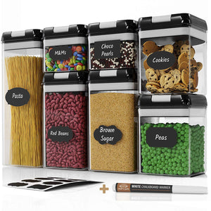 Chef's Path Airtight Food Storage Container Set - 7 PC Set - 10 Chalkboard Labels & Marker - Kitchen & Pantry Containers - BPA-Free - Clear Plastic Canisters with Improved Durable Lids