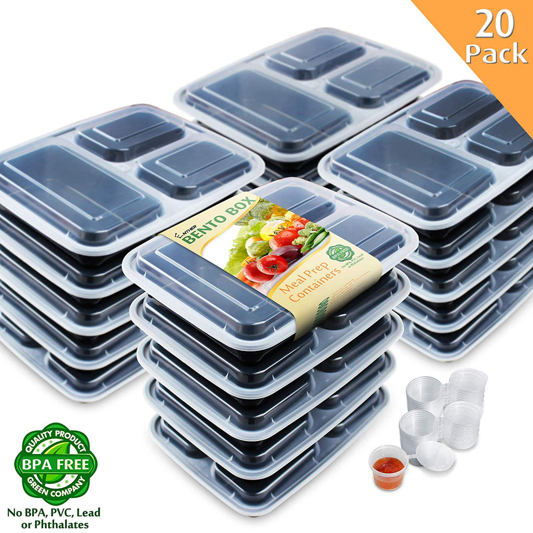 Enther Meal Prep Containers [20 Pack] 36oz 3 Compartment with Lids, Food Storage Bento Box with Souffle Cups BPA Free/Reusable/Stackable, Microwave/Freezer/Dishwasher Safe, Portion Control Black