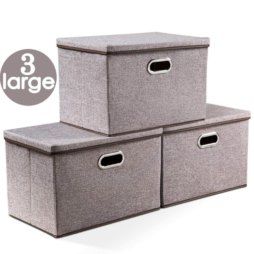 Prandom Large Collapsible Storage Bins with Lids [3-Pack] Linen Fabric Foldable Storage Boxes Organizer Containers Baskets Cube with Cover for Home Bedroom Closet Office Nursery (17.7x11.8x11.8