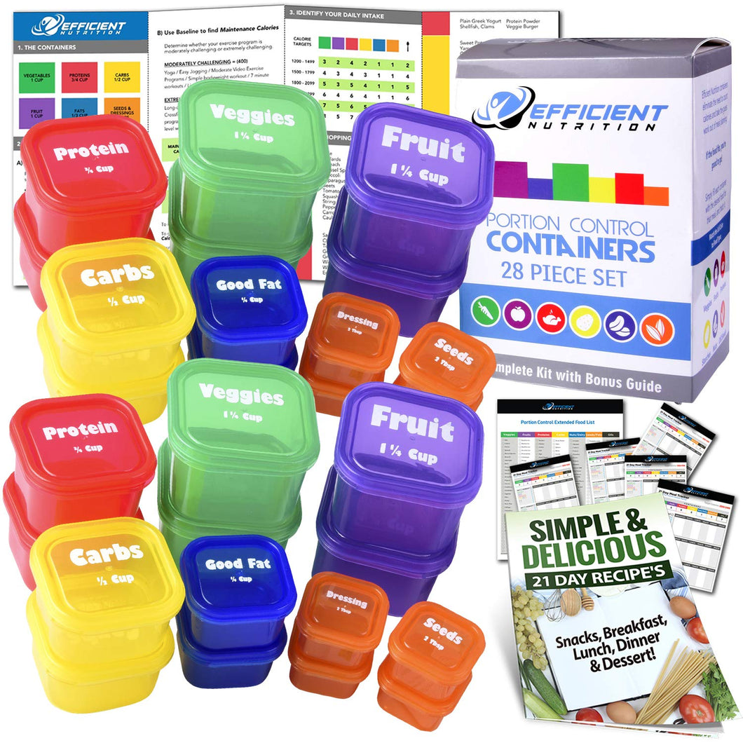 21 Day LABELED Efficient Nutrition Portion Control Containers Kit (28-Piece) + COMPLETE GUIDE + 21 DAY PLANNER + RECIPE eBOOK, BPA FREE Color Coded Meal Prep System for Diet and Weight Loss