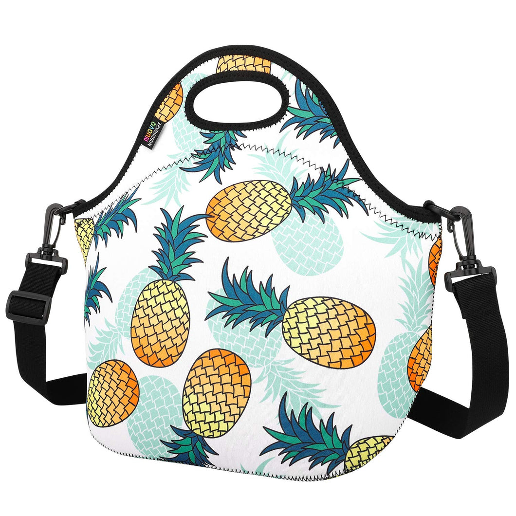 Insulated Lunch Bag, Nuovoware Neoprene Lunch Tote Reusable Picnic Bag Soft Thermal Cooler Tote Multi-purpose Grocery Container with Adjustable Crossbody Strap, Zip Closure, Pineapple