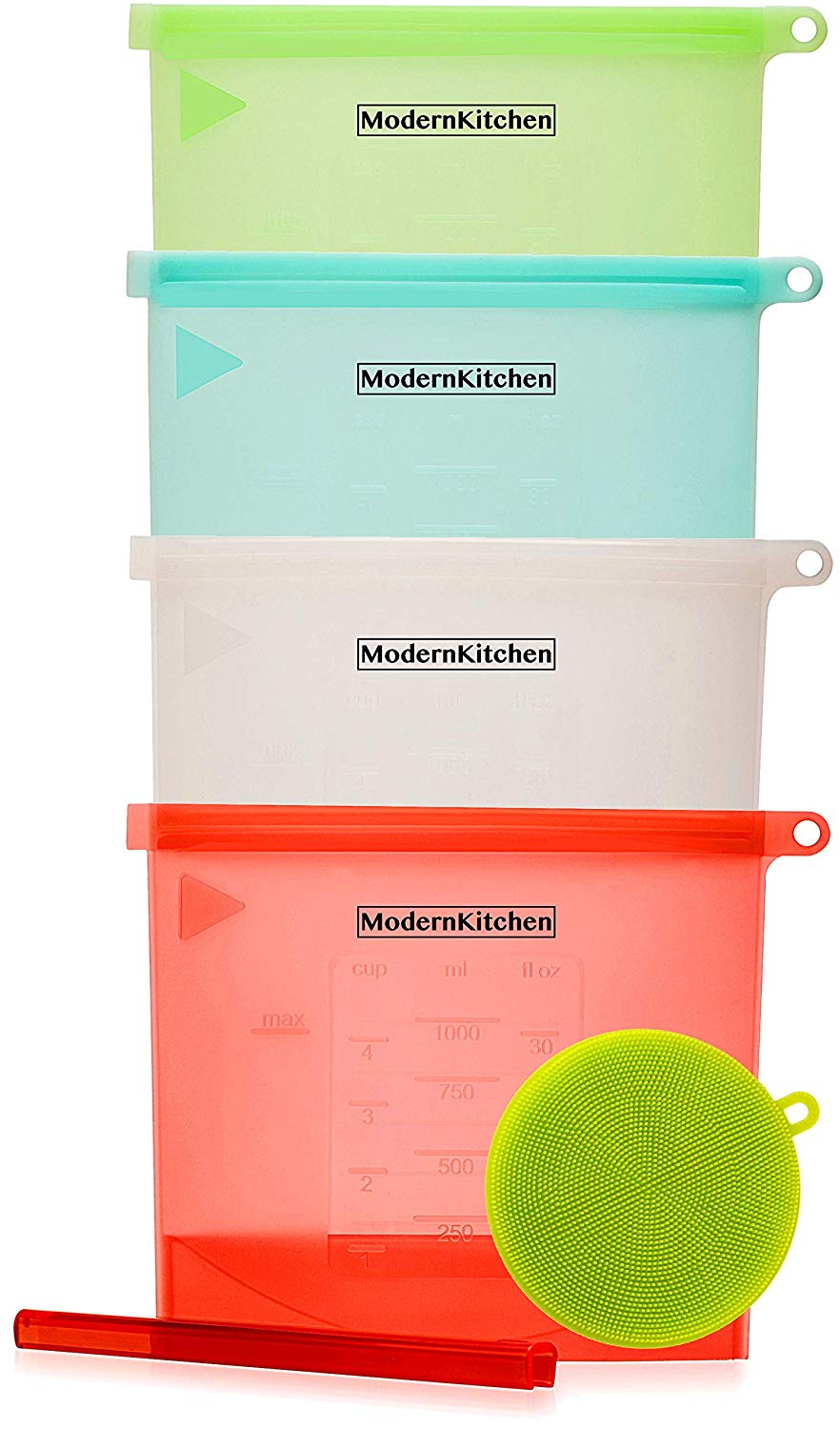 ModernKitchen Reusable Silicone Food Storage Bags with Reusable Scrubber Sponge - Eco Friendly Sandwich, Snack Bag, Dishwasher Safe, Quart Size (4pack+1)