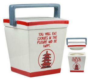 Ceramic Chinese Food Take Out Box Cookie Jar With Seal Tight Lid 8.5"H Decor