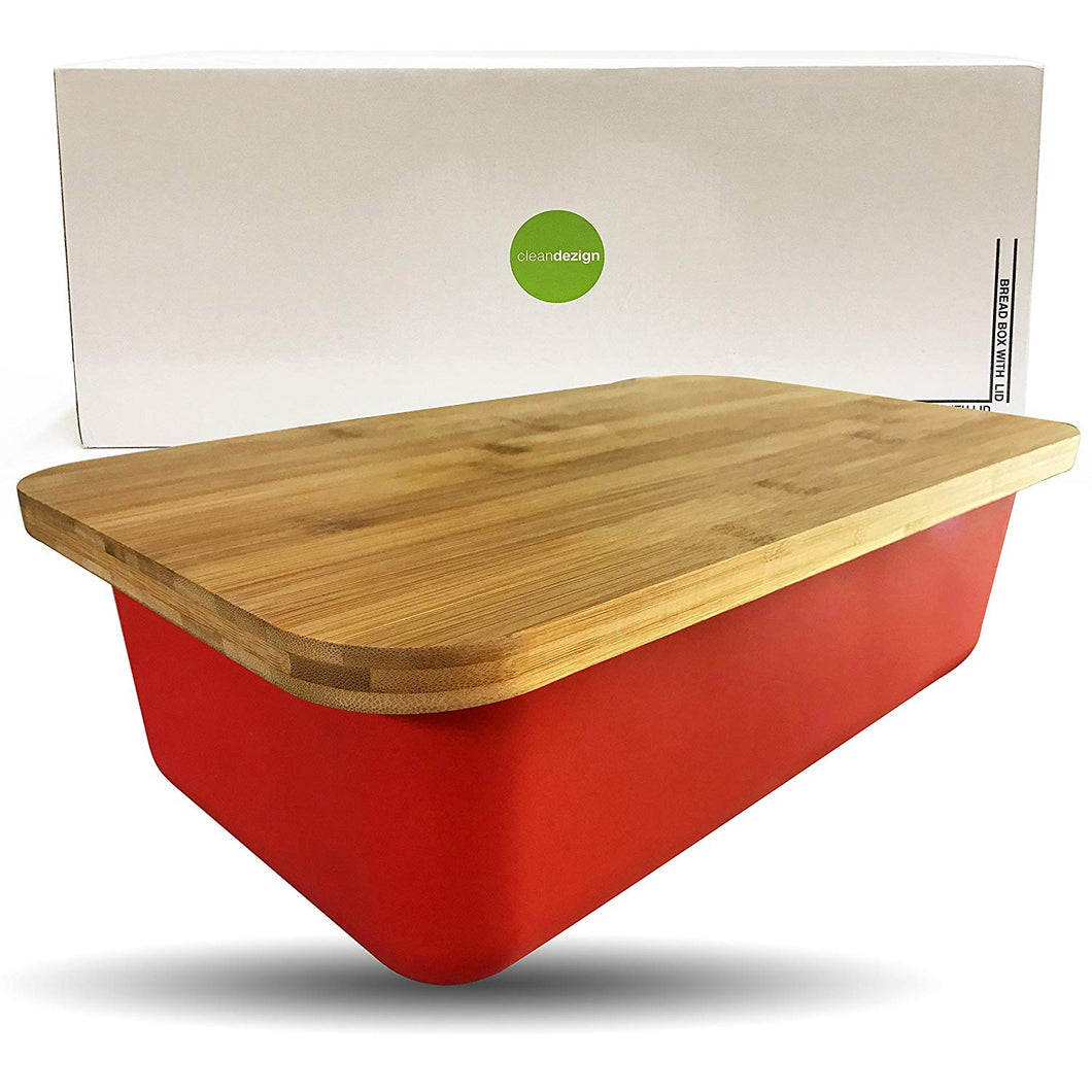 Clean Dezign Bread Box Bin - Bamboo Fiber with Cutting Board Lid - Large Storage Keeper 15.75 x9 x 5 inches (Red Orange)