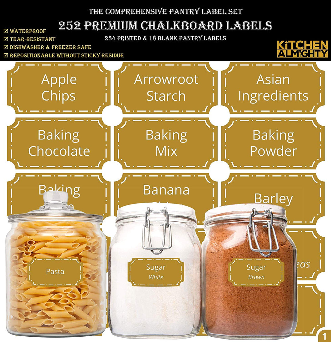 252 Preprinted Pantry Labels Set: 3” X 1.5” Gold Pantry Label w/Extra Blank Stickers for Jars, Bottles, Containers & Canisters – w/an Exclusive Numbered Reference sheet – Waterproof & Tear-Resistant