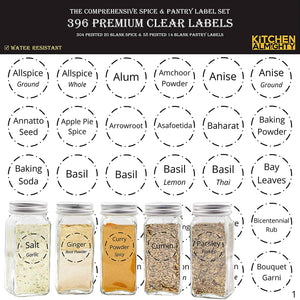 396 Printed Spice Jars Labels and Pantry Stickers: Clear Round Spices Label 1.5" & Pantry Sticker 3” X 1.5” With Write-On Labels – Include a Numbered Reference Sheet – Water-Resistant