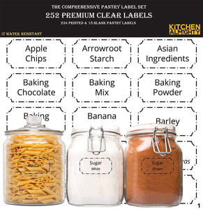 252 Preprinted 3” X 1.5” Clear Pantry Labels Set w/Extra Write-on Stickers for Jars, Bottles, Containers & Canisters - Include an Exclusive Numbered Reference sheet - Water-Resistant