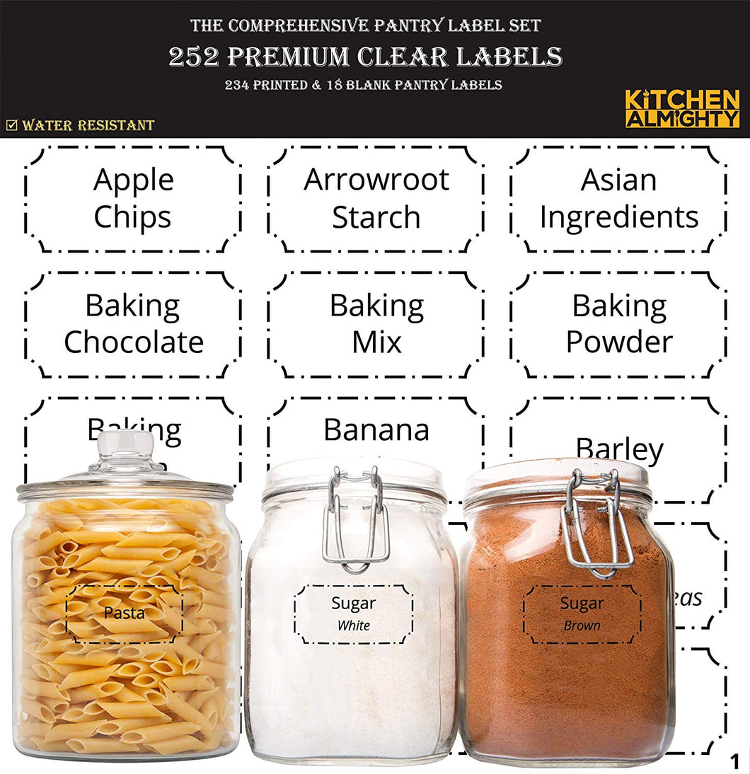 252 Preprinted 3” X 1.5” Clear Pantry Labels Set w/Extra Write-on Stickers for Jars, Bottles, Containers & Canisters - Include an Exclusive Numbered Reference sheet - Water-Resistant