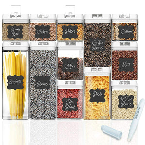Shazo Airtight Container Set for Food Storage - 12 PC Set + 14 Measuring Spoons + 18 Labels & Marker - Strong Heavy Duty Plastic - BPA Free - Airtight Storage Clear Plastic w/White Interchangeable