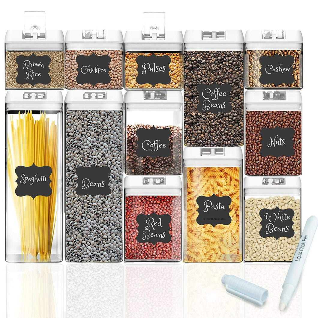 Shazo Airtight Container Set for Food Storage - 12 PC Set + 14 Measuring Spoons + 18 Labels & Marker - Strong Heavy Duty Plastic - BPA Free - Airtight Storage Clear Plastic w/White Interchangeable