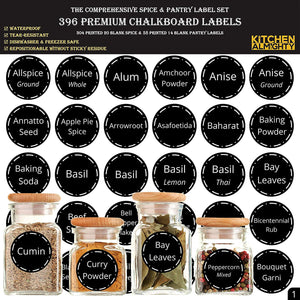 396 Printed Spice Jars Labels and Pantry Stickers: Chalkboard Round Spices Label 1.5" & Pantry Sticker 3” X 1.5” With Write-On Labels – Include a Numbered Reference Sheet – Waterproof & Tear-Resistant
