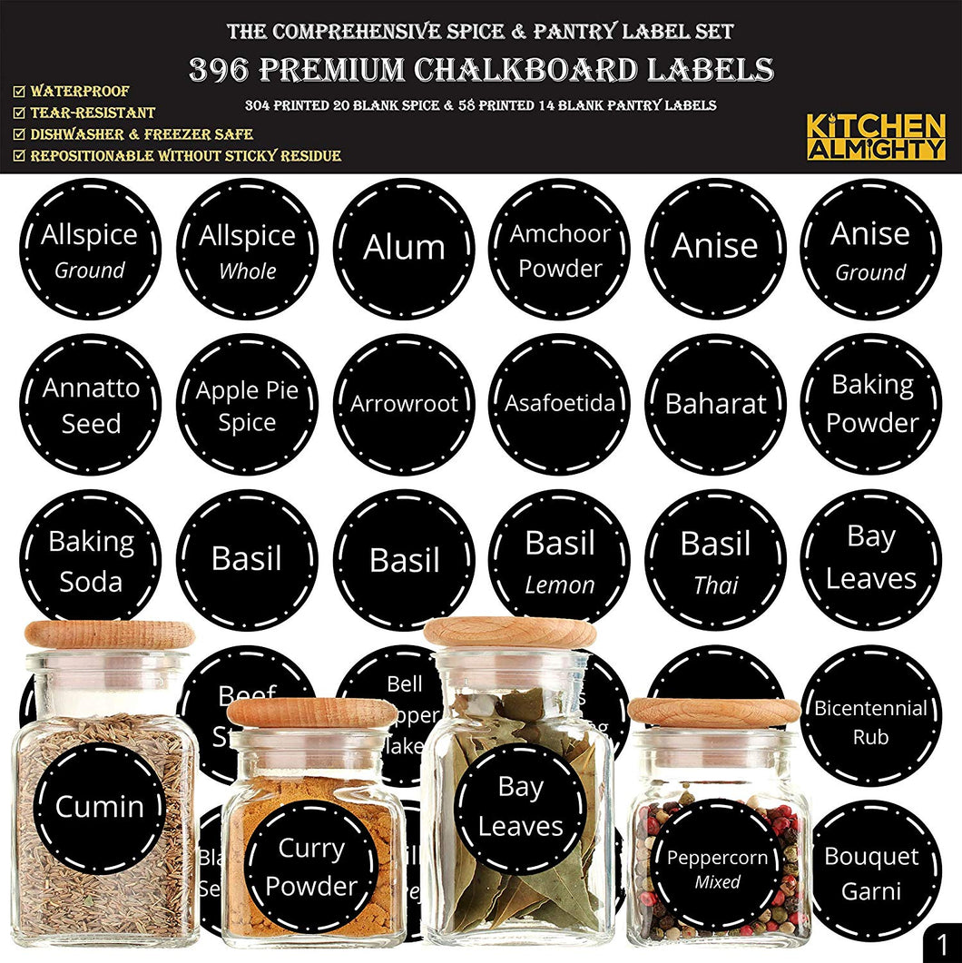396 Printed Spice Jars Labels and Pantry Stickers: Chalkboard Round Spices Label 1.5