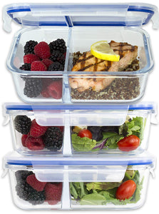 [Large Premium 3 Pack] 2 Compartment Glass Meal Prep Containers w/New Divider Seal Tech Best Quality Snap Locking Lids Airtight 8 Pcs Glass Set BPA-Free (5 Cups, 36 Oz)