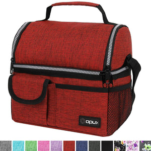OPUX Insulated Dual Compartment Lunch Bag for Men, Women | Double Deck Reusable Lunch Pail Cooler Bag with Shoulder Strap, Soft Leakproof Liner | Large Lunch Box Tote for Work, School (Red)