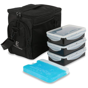 EDC Meal Prep Bag by Evolutionize - Full Meal Management System includes Portion Control Meal Prep Containers + Ice Pack (3 Meal, Black/Grey) - Patent Pending