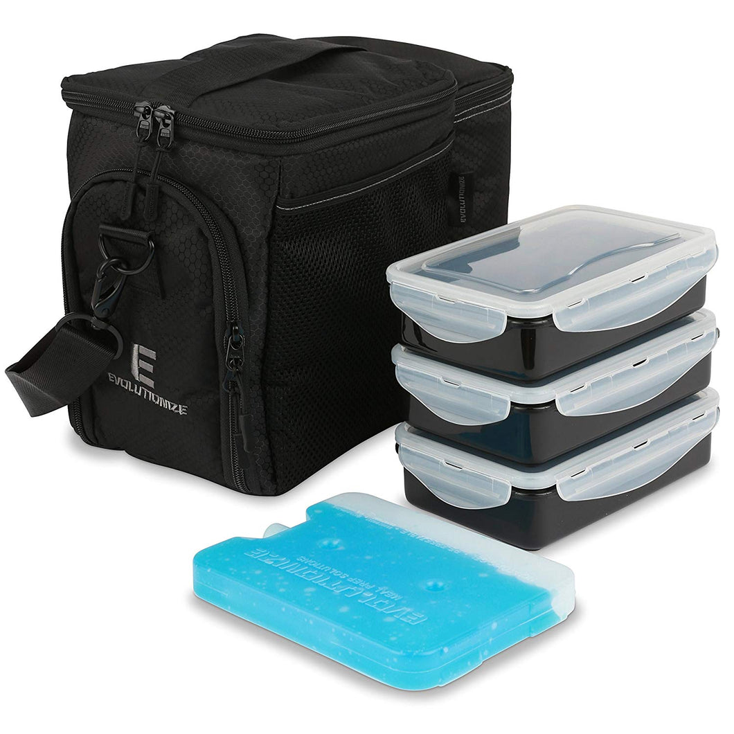 EDC Meal Prep Bag by Evolutionize - Full Meal Management System includes Portion Control Meal Prep Containers + Ice Pack (3 Meal, Black/Black) - Patent Pending