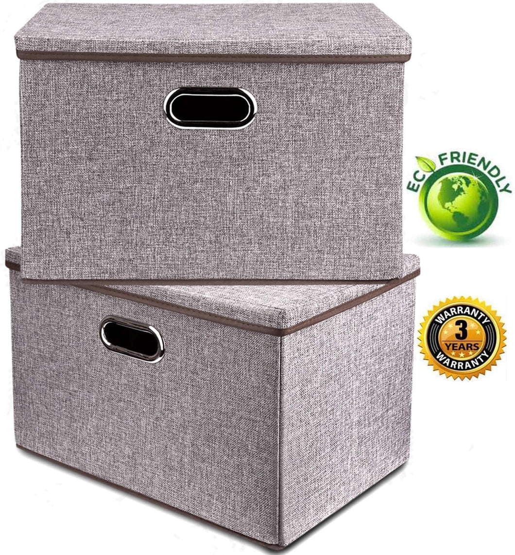 Large Linen Fabric Foldable Storage Container [2-Pack] with Removable Lid and Handles,Storage bin box cubes Organizer - Gray For Home, Office, Nursery, Closet, Bedroom, Living Room