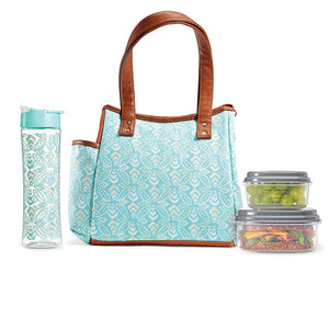 Fit & Fresh Insulated Lunch Bag Cooler Bag Tote Bag Kit for Women/Work/Picnic/Beach, Reusable Containers, Water Bottle, Westerly, Aqua Stamped Rings