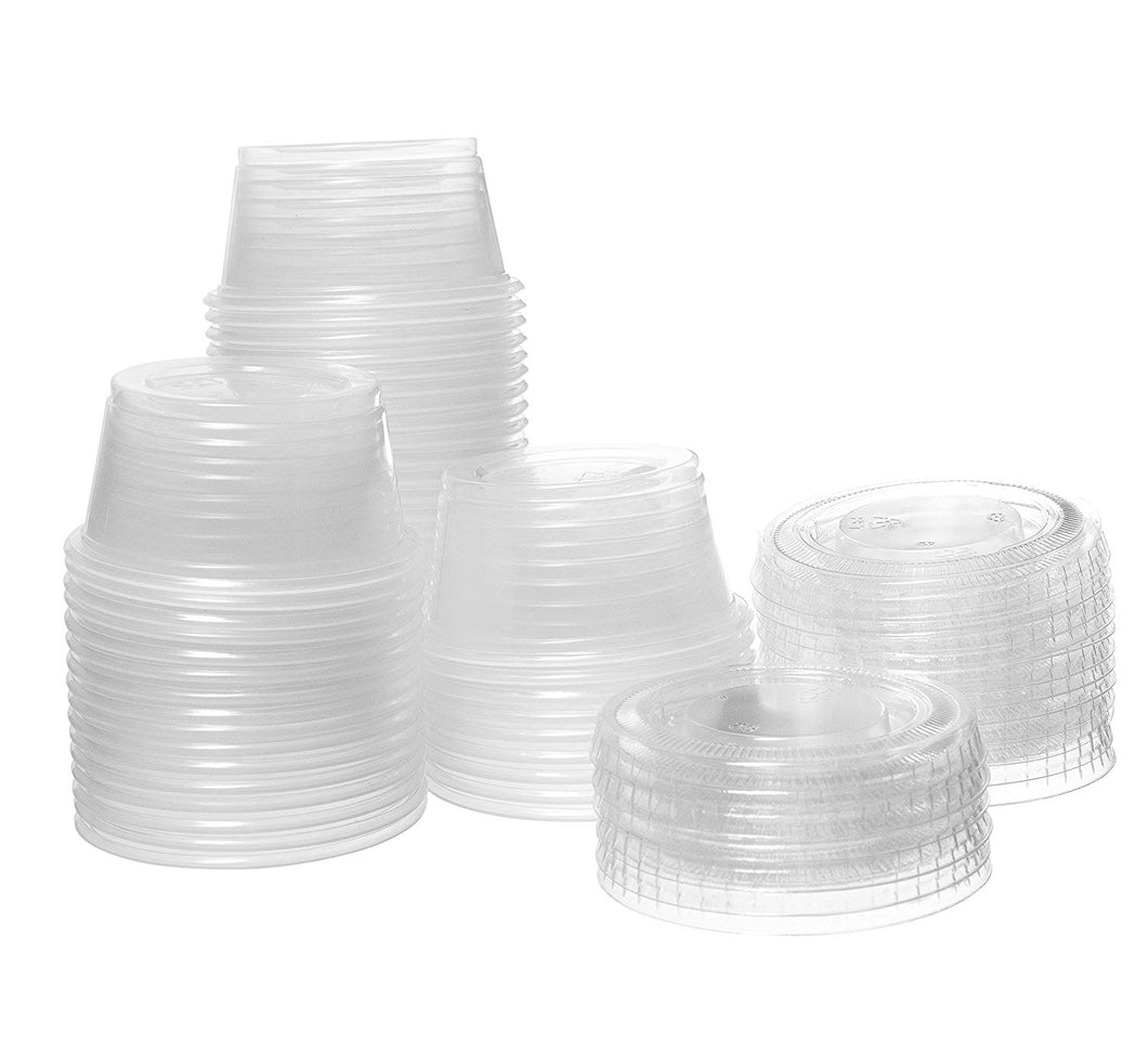 Crystalware, Disposable 1.5oz. Plastic Portion Cups with Lids, Condiment Cup, Jello Shot, Soufflé Portion, Sampling Cup, 100 Sets – Clear