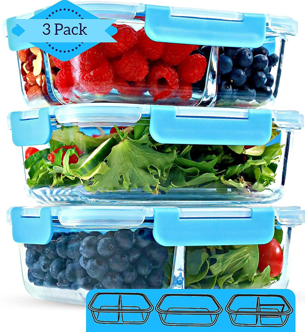 1 & 2 & 3 Compartment Glass Meal Prep Containers (3 Pack, 1000 ML) - Food...