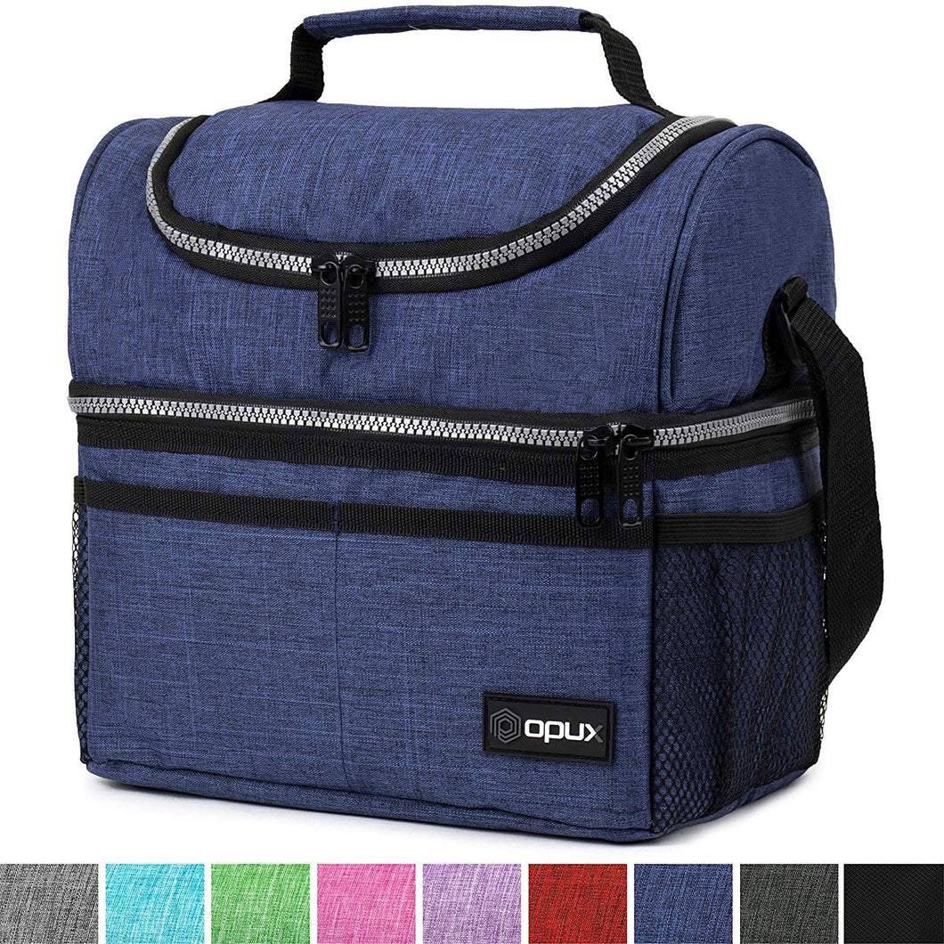 Insulated Dual Compartment Lunch Bag for Men, Women | Double Deck Reusable Lunch Box Cooler with Shoulder Strap, Leakproof Liner | Medium Lunch Pail for School, Work, Office (Heather Navy)