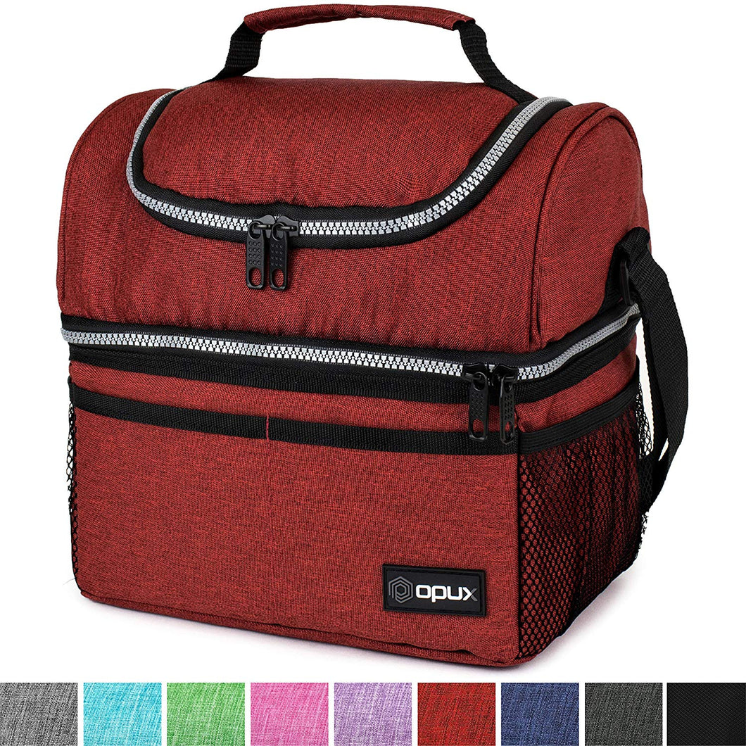 Insulated Dual Compartment Lunch Bag for Men, Women | Double Deck Reusable Lunch Box Cooler with Shoulder Strap, Leakproof Liner | Medium Lunch Pail for School, Work, Office (Heather Red)