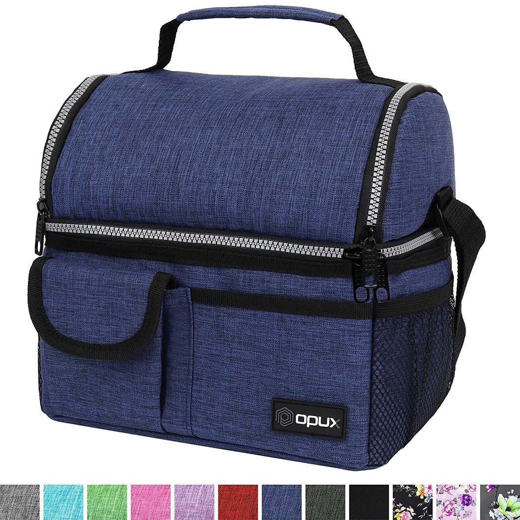 OPUX Insulated Dual Compartment Lunch Bag for Men, Women | Double Deck Reusable Lunch Pail Cooler Bag with Shoulder Strap, Soft Leakproof Liner | Large Lunch Box Tote for Work, School (Navy)