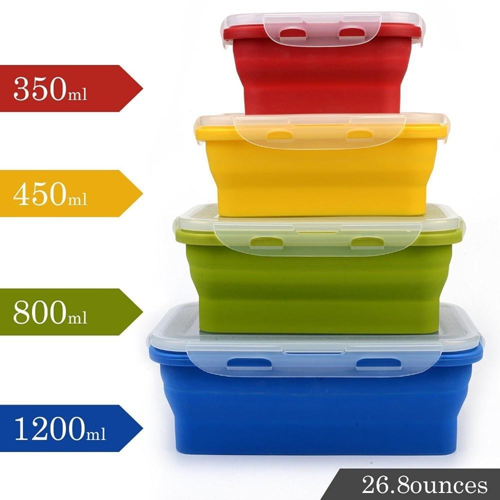 Set of 4 Square Silicone Food Storage Containers Collapsible Lunch Box BPA Free, Microwave, Dishwasher and Freezer Safe