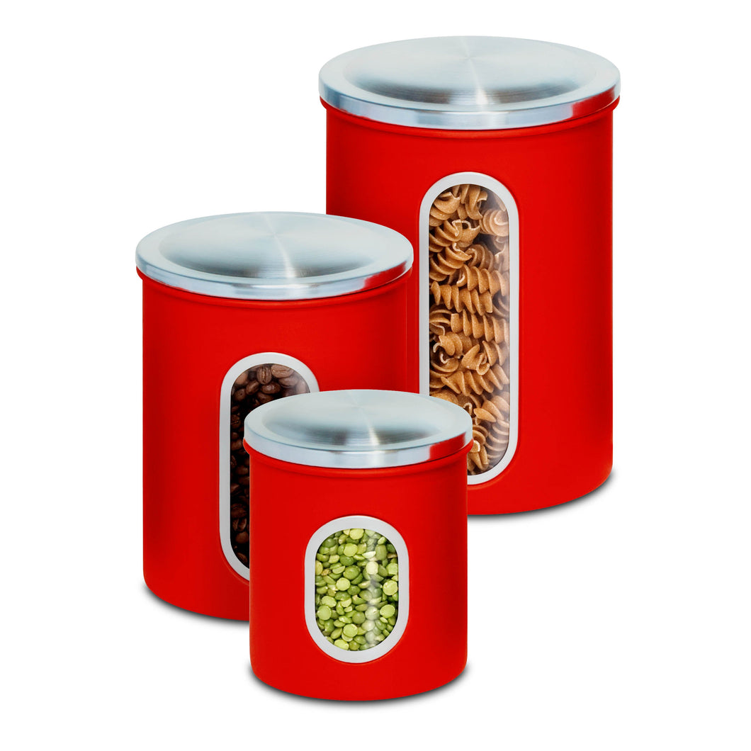 3-Piece Steel Canister Set, Red