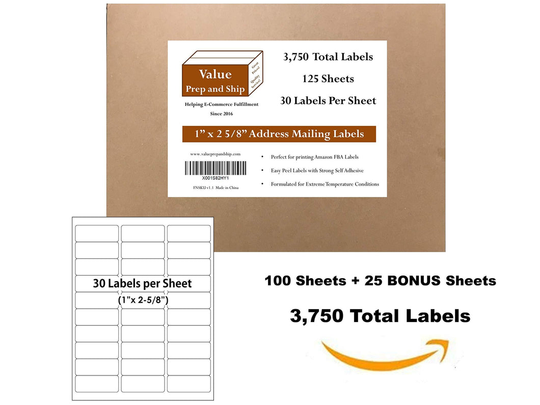 30-Up Labels, 125 Sheets Per Set, (3,750 Labels), Self-Adhesive White Labels, Use with Laser or Inkjet Printers, Print Mailing Address and FBA Labels