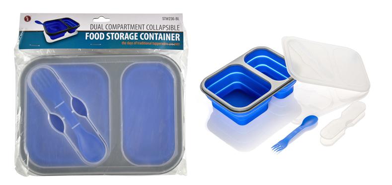 SE STW236-BL Collapsible Food Container with 2 Compartments Includes Utensils