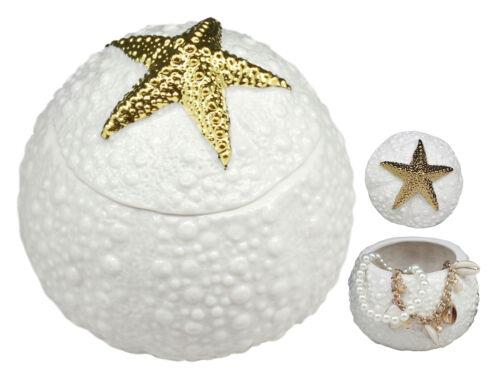 Ceramic Gold Starfish Sea Star Round Trinket Jewelry Box Beach Ocean Reef Decor