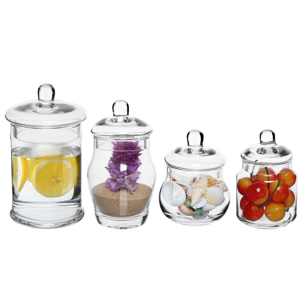 Small Decorative Clear Glass Apothecary Jars / Storage Canisters with Lids, Set of 4